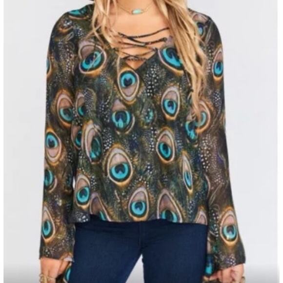 Show Me Your Mumu Blouse Large Sheer Peacock Lace Up  Flounce Bell Sleeves - Picture 1 of 7